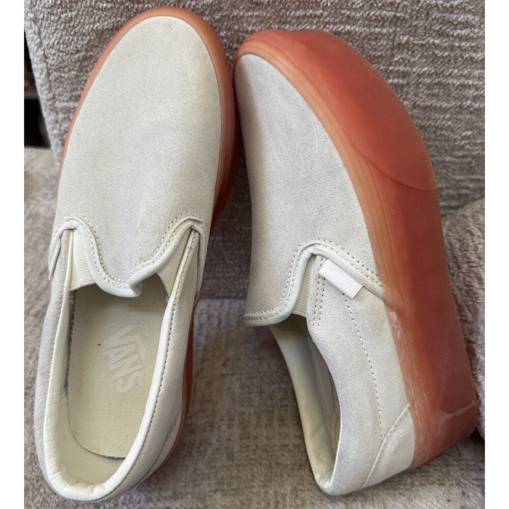 EUC VANS White Suede Slip Ons Stackform Peach Rubber W8 M6.5